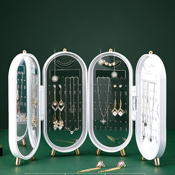 Display Organizer Smyckeskrin, Akryl Fällbar Örhänge Display, Plast Fällbar Smyckeskrin, Halsband Display Med Spegel, För Örhängen, Halsband(Vit)
