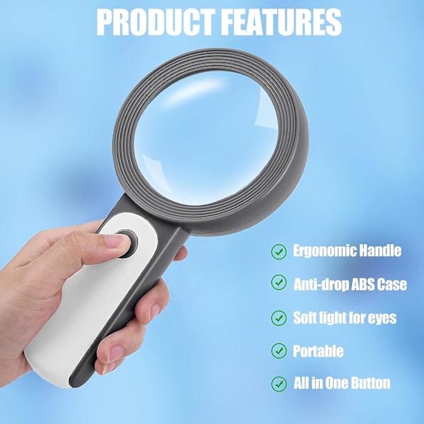 30X Lighted Reading Magnifier，Large Handheld Magnifying Glass wit