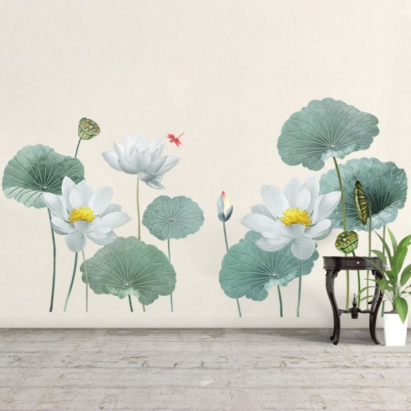1 sæt Kæmpe Lotus Flower Wall Decals Lotus Leaf Wall Sticker Dragonfly Wall Art De