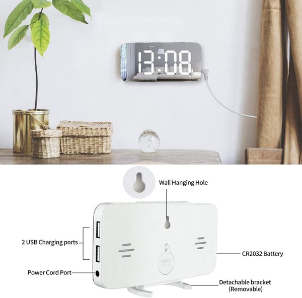 Digital väckarklocka, stor LED-spegeldisplay, med USB-laddare,