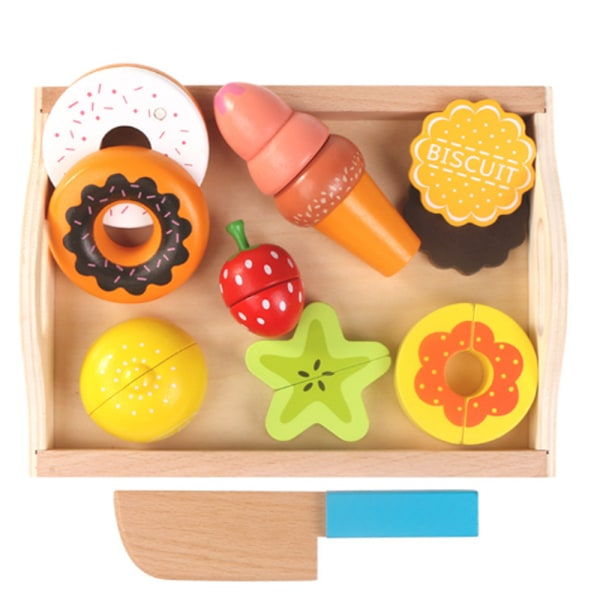 Lasten puinen laatikko leikkaa hedelmiä ja vihanneksia nähdäksesi Wooden Sim
