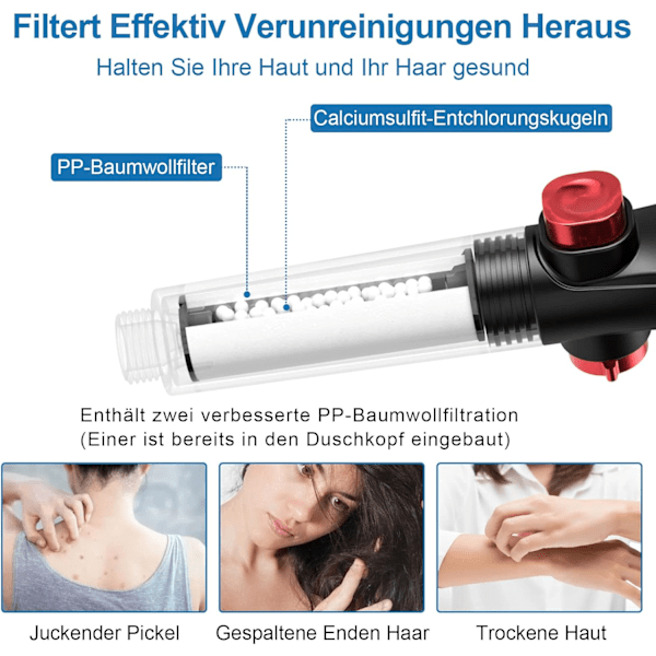 Duschhuvud med 5 PP-bomullsfilter, innovativ 3-i-1 dubbelsidig stråle, vattenbesparande duschhuvud, duschhuvud med slang 1,5 m, 3 strålar