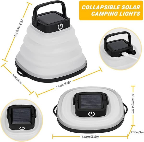 Led solcelledrevet camping lanterne, foldbar, 3 dæmpningstilstande