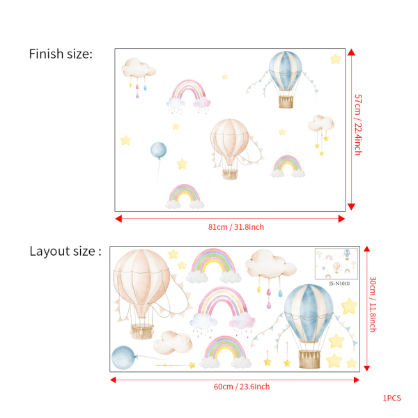 Et sett med klistremerker for vegger med varmluftsballonger, regnbue og skyer