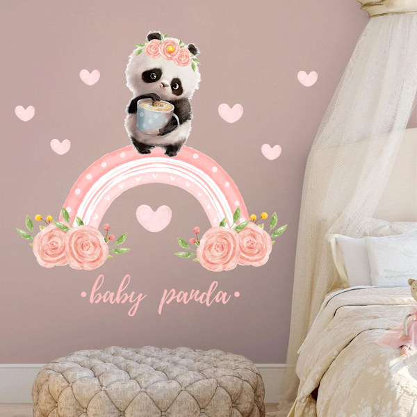 En uppsättning regnbågs panda blomma väggdekaler för barnrum w