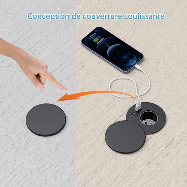 Innfelt strømbrett, Innfelt strømbrett med 1 stikkontakt, 1 USB-C-port, 1 USB-A-port, 75 mm diameter, 1,5 m kabel, skrivebordsstikkontakt for kjøkken, kontor,