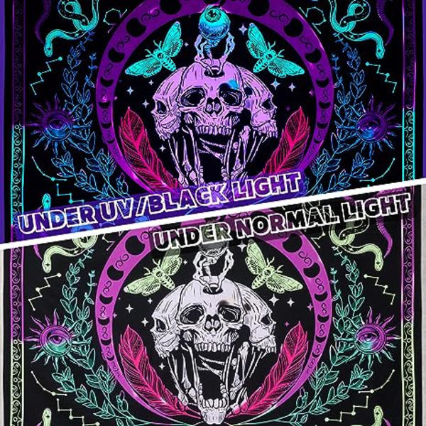 Dödskalle Blacklight-gobeläng, UV-reaktivt skelett Halloween-gobeläng