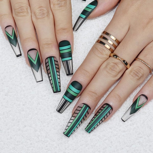 Matte Coffin Press on Nails Long Green Fake Nails Ballerina Plaid