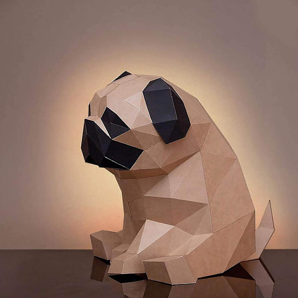 3D-mopsipaperiveistos, esileikattu DIY-paperikäsityöpakkaus, käsintehty eläinhahmo, ruskea väri, DIY 3D-paperimalli, luova kodin sisustus
