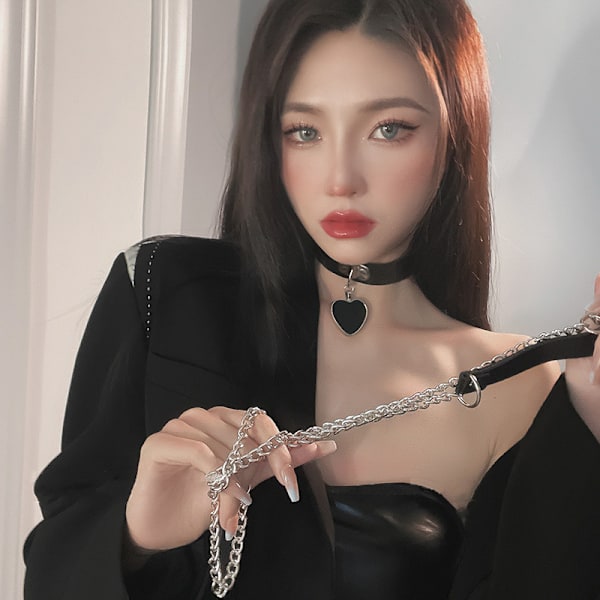 Choker Punk Hauling Chain PU Læder Krave Metal Ring Gothic Nec