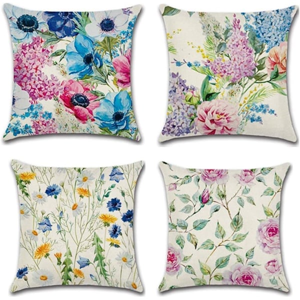 4 stk. Blomster Peon og Daisy Print Bomull og Lin Kvadratisk Pudebetræk, Passer til Seng, Bil og Hjem Sofa 45 x 45cm