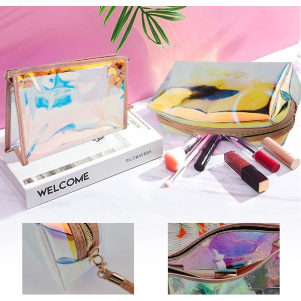 2 Pcs Holographic Makeup Bag, Clear PVC Makeup Bag Iridescent Pouch Portable Zip