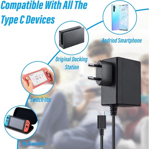 Virtapää N_intendolle/Switch OLED/Lite, tukee TV-tilaa, nopeaa latausta USB Type-C:llä, yhteensopiva Switch Lite/Switch OLED:n kanssa