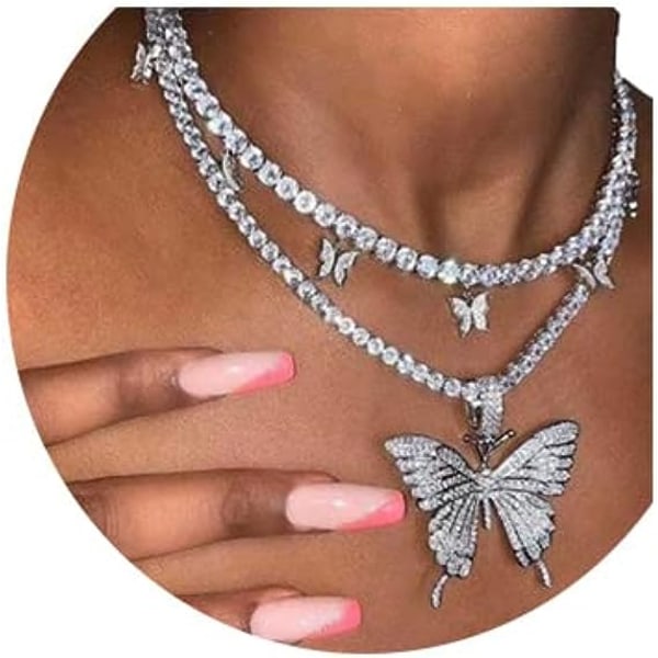 Butterfly Choker kjede Nydelig 2 lags Crystal anheng hals