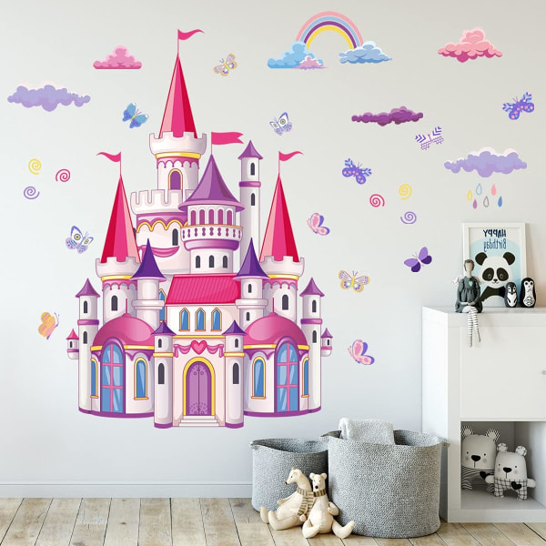 Colorful Castle Wall Decal,Rainbow Butterfly Wall Stickers Clouds Rain Peel and