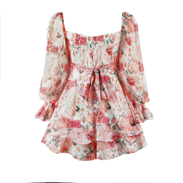 Jumpsuit Lantern Langærmet Ruffle Lag Tie Mini Short Romper-pink,M