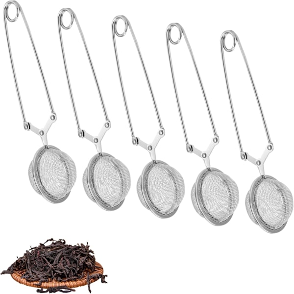 Tekule, 5 stk. te-tenger i rustfritt stål, kuleformet teinfuser, finmasket sil-tenger, teinfuser, for løs te og krydder Ø