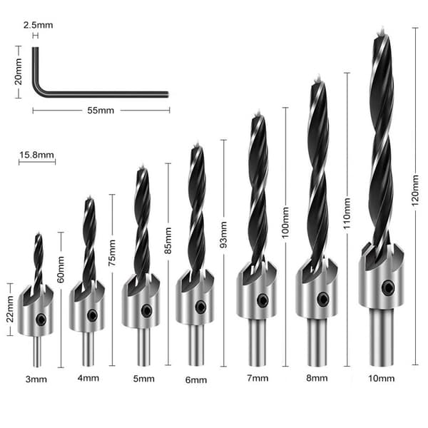 Countersink-pora, puusepänpora, kuusiokoloavaimella, viistepora