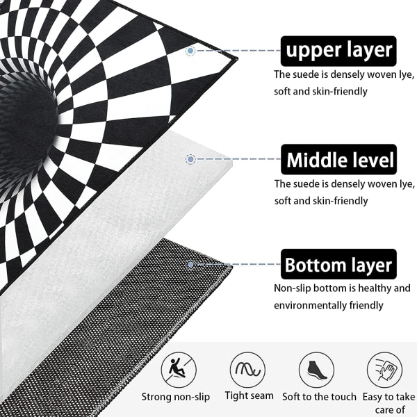 3D Visuaalinen Optinen Lattiamatto Mustavalkoinen Ruudullinen Pyöreä Matto Vortex O