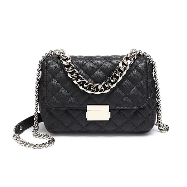 Nahkainen, tikattu olkalaukku, klassinen crossbody-laukku metalliketjulla, musta