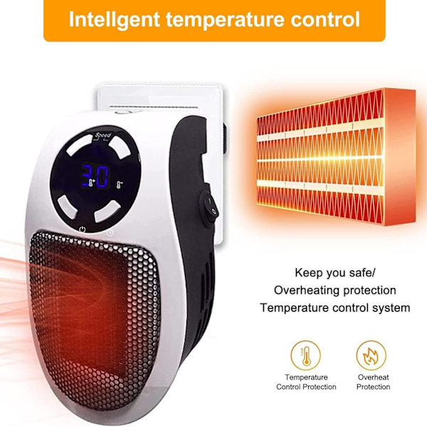 Mini keramisk varmeblæser 500W - Mini varmeblæser med fjernbetjening - Timer 1-12 timer - Termostat 15° til 30° - stik