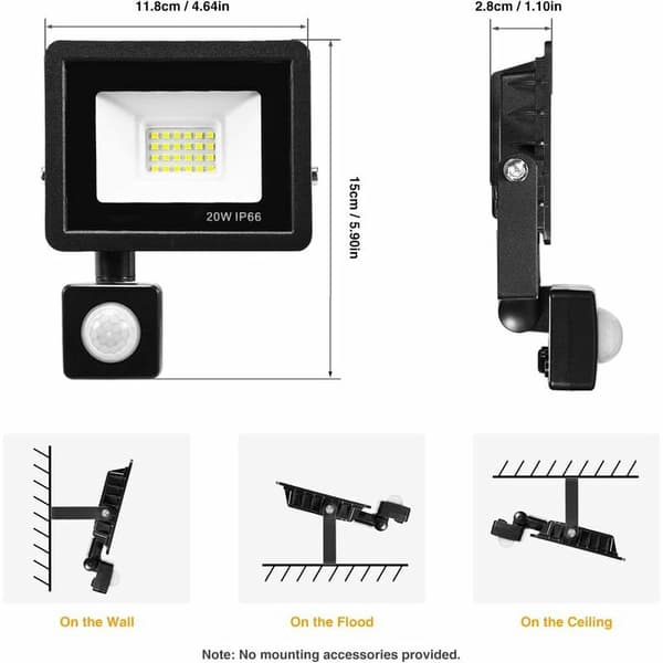 2 stk 20W sikkerhetslys med PIR bevegelsessensor, smart LED flomlys