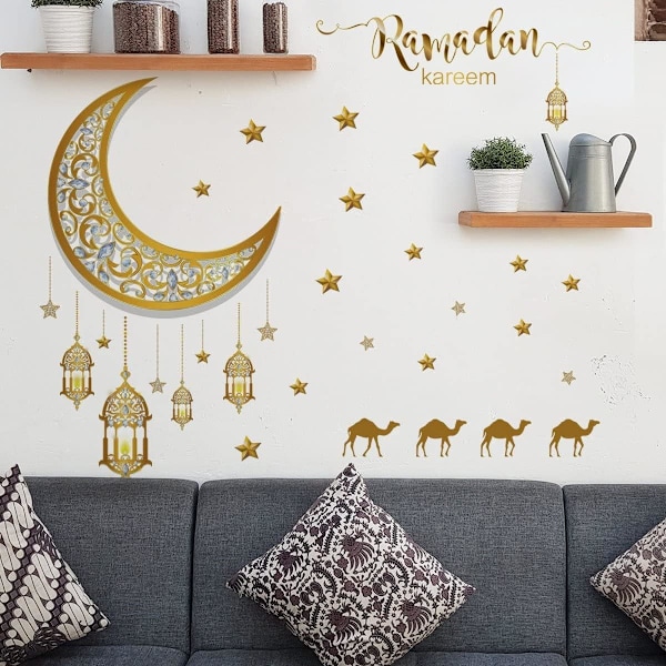 Ramadan Eid Mubarak Väggdekor Moon Star Lantern Decal Self Adh