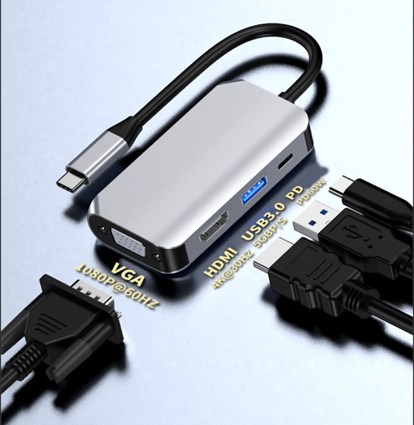 4 i 1 USB C HUB, dockingstationadapter med 4K-HDMI, VGA, grå