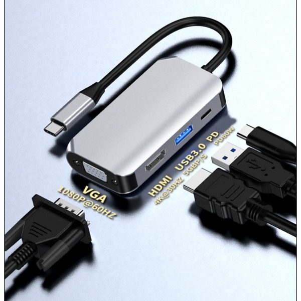 4 i 1 USB C HUB, dockningsstationsadapter med 4K-HDMI, VGA, grå