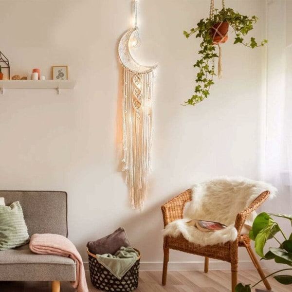 Bohemian Macrame Seinävaate LED-valolla, Puuvillasta Neulotu Dreamcatcher Kuu Seinävaate Hapsuilla Koristeet Lastenhuoneen Juhlakoristeluun Käsityölahja (Kuu)