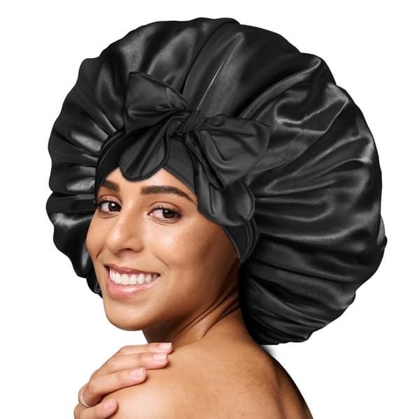Satin Hårhætte Nat, Nathat til Krøllet Hår, Silkeblød Satin Nathætte, Justerbar Hat, Sort