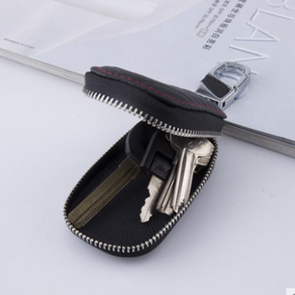 Läderfodral för bilnycklar, bärbart nyckelringsfodral i läder och minipungficka, metallkrok och dragkedja, skyddande fodral för bilnycklar - Svart（14*5,5cm）