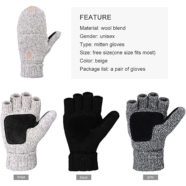 Vinter Stickade Konvertibla Fingerlösa Vantar Ull Vantar Varma Mi