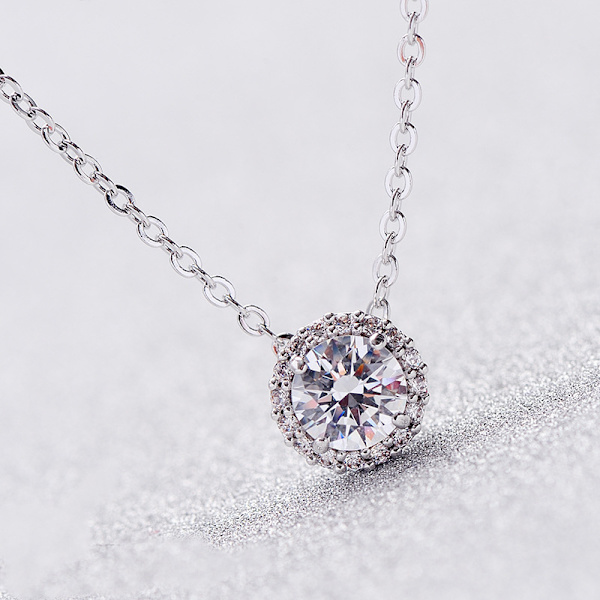 14K kullattu tappi faux timantti pyöreä solitaire riipus halo kaulakoru | Kulta N