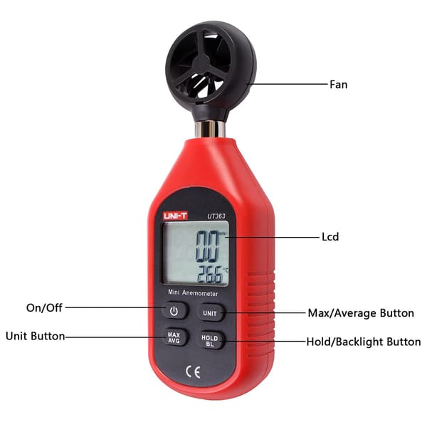 UT363 Mini Digital Anemometer Hög Precision Vindmätningsenhet Handhållen Impeller Vindhastighetssensor Anemometer