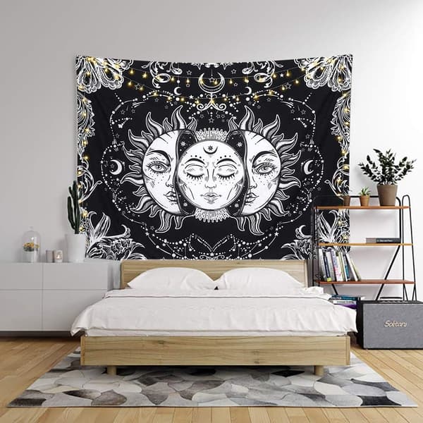 Sol och måne väggbonad psykedelisk gobeläng, (svartvit, 2