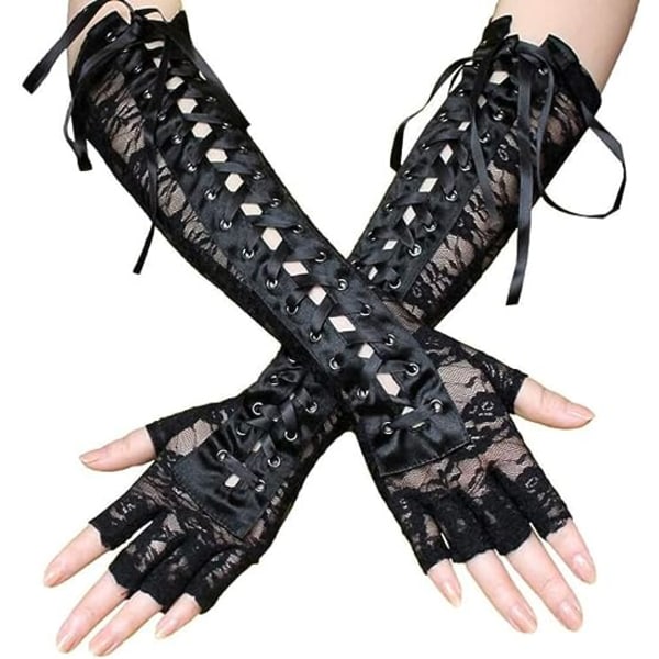 Kvinnors svart spets armbågslängd handskar snörning fingerlösa handskar
