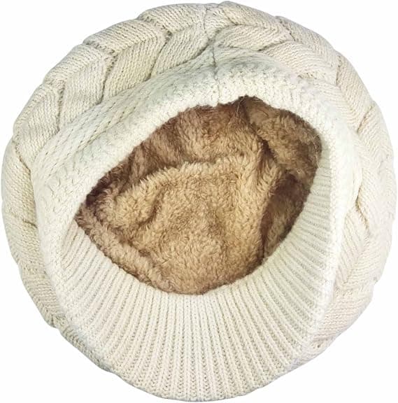 Kvinners Vinter Varm Strikket Lue Ull Snø Ski Caps med Visor，Beige