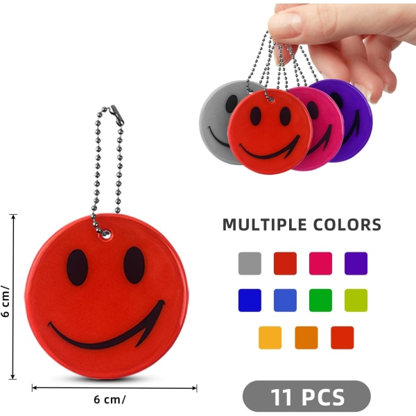 Paket med 11 reflekterande smiley-hängen, säkerhetsreflektor, barnreflektor, S