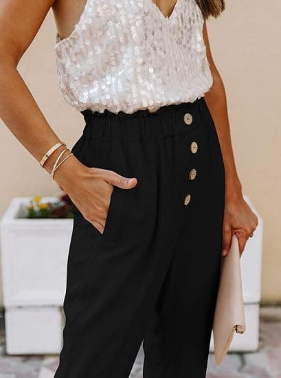 Womens Casual Loose Pants Comfy Cropped Work Pants with Pockets E