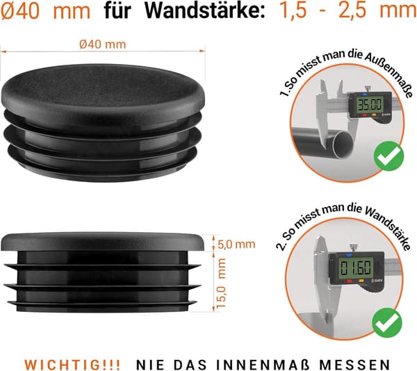 Runde 40mm Sorte Lamellplugger 4 stk Runde Rørplugger Rørhette 4cm