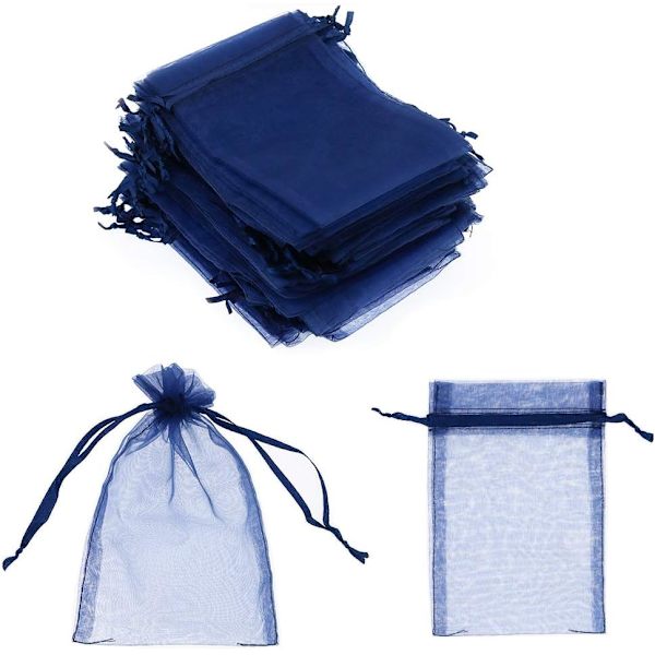 100 läpinäkyvää organza-lahjapussia satiininauhalla 10 x 15 cm. Käytetään karkkipusseina, korupusseina, juhlalahjapusseina (sininen)