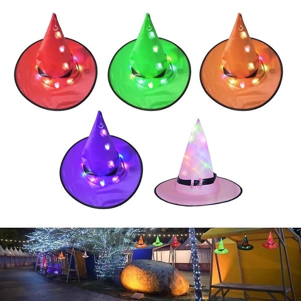 Pakke med 5 Halloween-hekshatter, lysende heksehattelys med LED