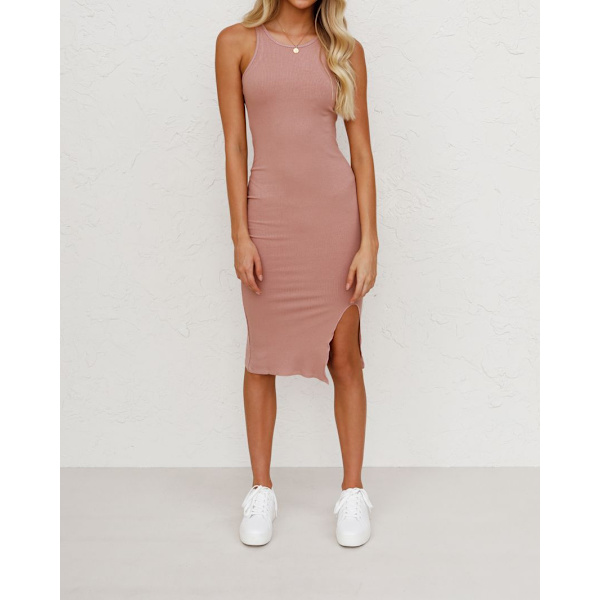 Kvinners sommer midi bodycon kjoler casual crew neck side split-L