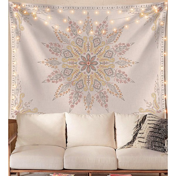 Bohemian gobelin vægophæng, beige hvid blomster gobelin med