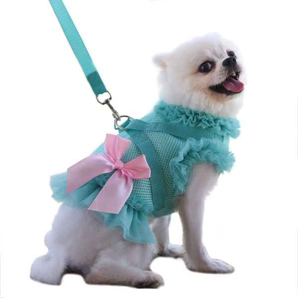 BBEART Pet Clothes, Dog Harness Leash Set Puppy Princess Dress med Bowknot No Pull Harness til Lille Hund Kat (XS, Grøn)