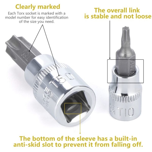 13 stk. Torx topnøglesæt, T8 - T70 topnøglesæt, hun-Torx toppe, Torx bit topnøglesæt, krom vanadium stål 1/4\", 3/8\" og 1/2\" drev