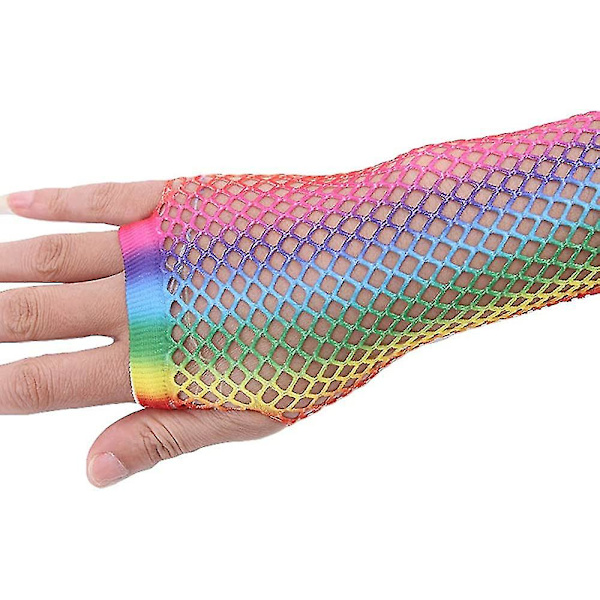 Stretchiga regnbågsfärgade fingerlösa fisknätshandskar, kostym, 2 par