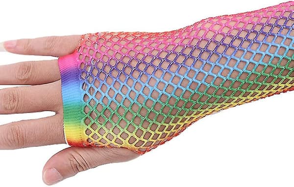 Stretchy Rainbow Gradient Fingerless Fishnet Gloves Costume 2Pair
