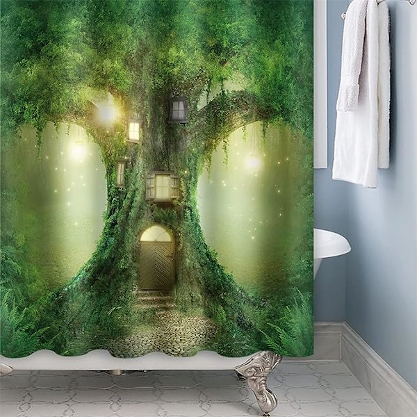180x180cm Magisk Træhus Bruseforhæng Fantasy Skov Træ Grene Græs Badeforhæng Natur Fe Rige Badeforhæng til Børnebadeværelse med Kroge